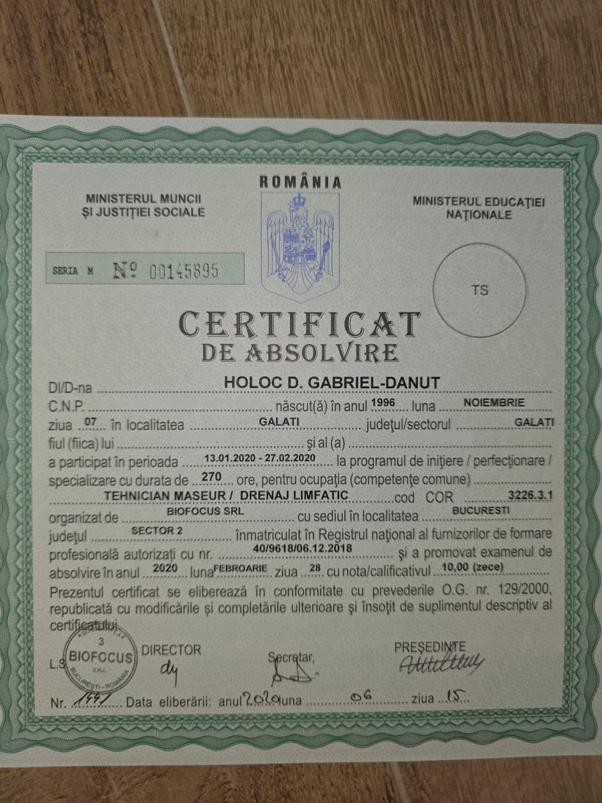 Certificat de absolvire tehnician maseur drenaj limfatic Gabriel Dănuț Holoc, Biofocus SRL București 2020, nota 10