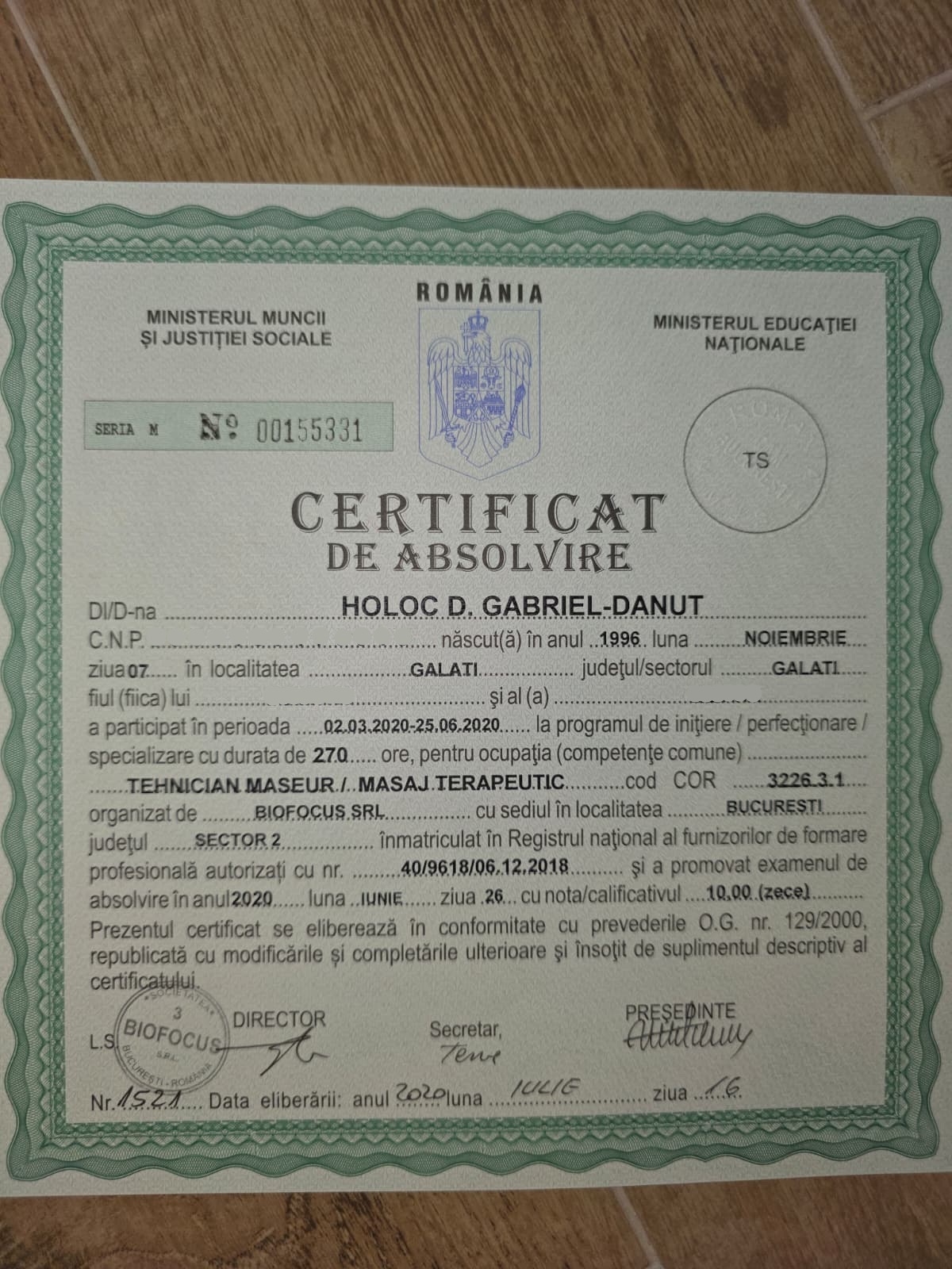 Certificat de absolvire tehnician maseur masaj terapeutic Gabriel Dănuț Holoc, Biofocus SRL București 2020, nota 10