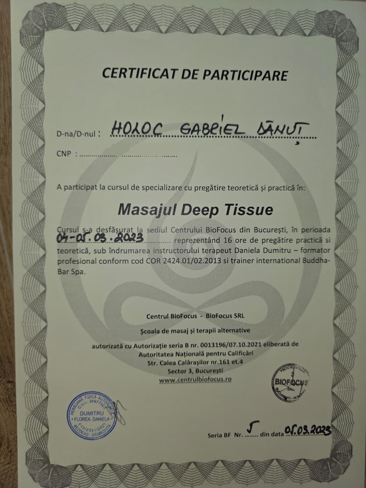 Certificat de participare curs specializare masaj Deep Tissue Gabriel Dănuț Holoc, Centrul Biofocus București mai 2023