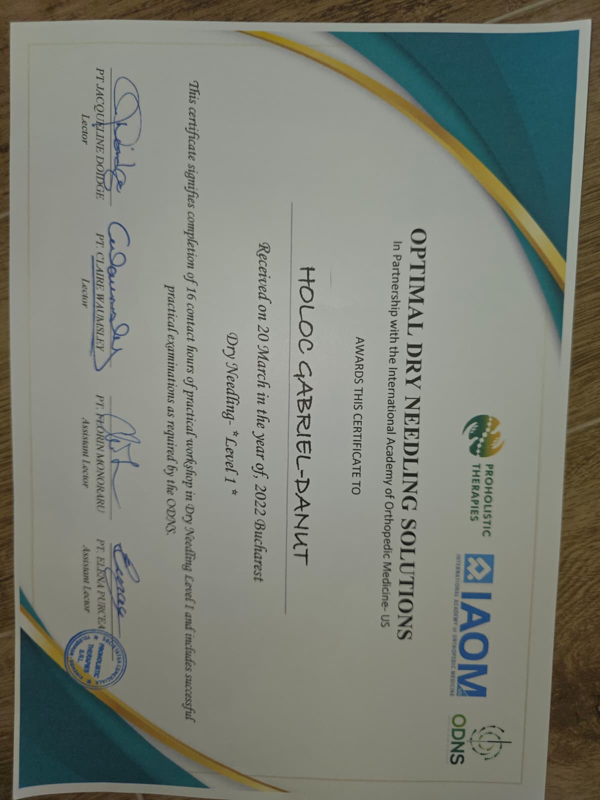 Certificat internațional Dry Needling Level 1 Gabriel Dănuț Holoc, IAOM-US Proholistic Therapies București martie 2022